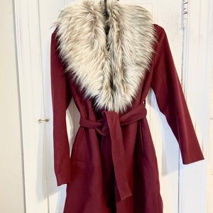 Missguided red coat with fur collar